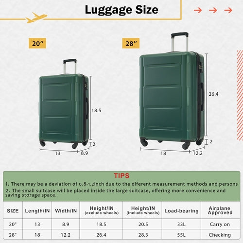 2 Piece Luggage Set with Bags Expanable Spinner Wheels ABS Lightweight