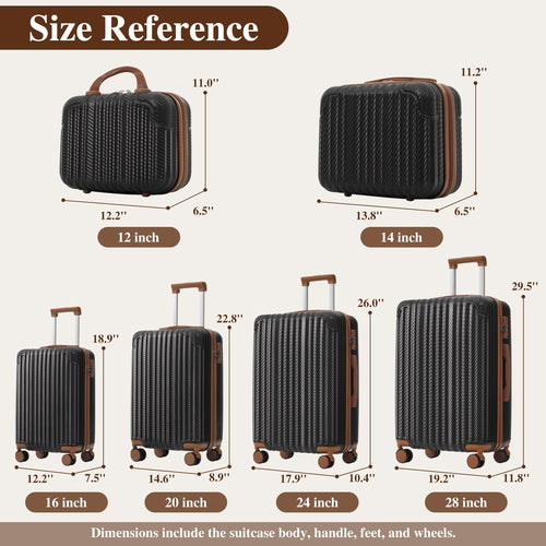 6-Piece Luggage Set, Durable Hardshell ABS Suitcase with Spinner